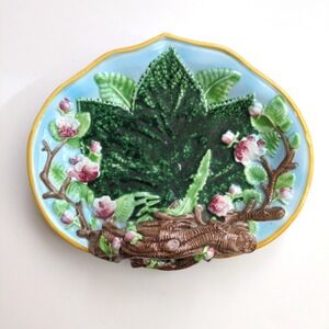 Mottahedeh Majolica Dish Blue w/ Branch Handle Green Leaf Blossom Italian Plate